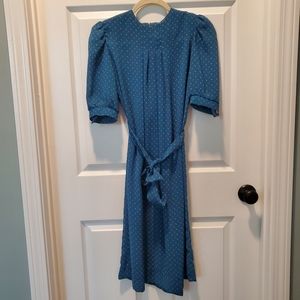 Vintage 80s blue, red and yellow dress with shoulder pads, tie waist, size 10